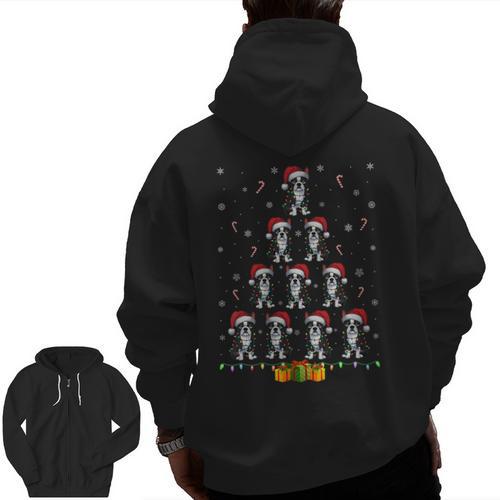 Boston Terrier Santa Hat Xmas Light Men Women Christmas Tree Men Zip Up Hoodie Back Print - Bostonterriersmerch.com