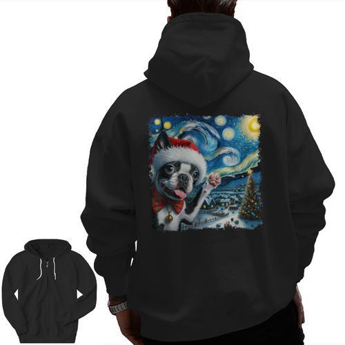 Boston Terrier Santa Starry Night Van Gogh Christmas Dog Men Women Kids Men Zip Up Hoodie Back Print - Bostonterriersmerch.com