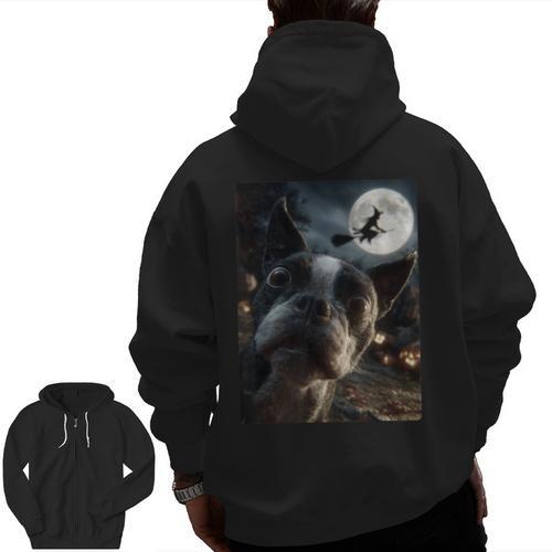 Boston Terrier Selfie Full Moon Flying Witch Halloween Dog Men Zip Up Hoodie Back Print - Bostonterriersmerch.com AU