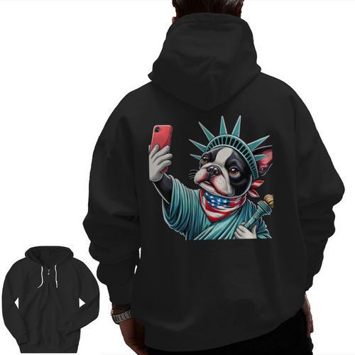 Boston Terrier Selfie Statue Of Liberty 4th Of July American Men Zip Up Hoodie Back Print - Bostonterriersmerch.com