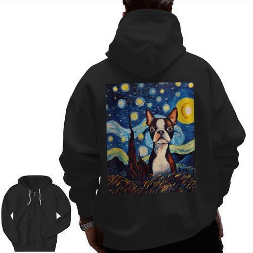Boston Terrier Starry Night Van Gogh Art Men Zip Up Hoodie Back Print - Bostonterriersmerch.com