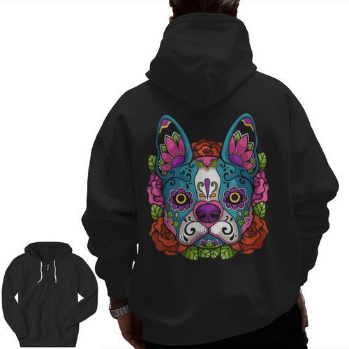 Boston Terrier Sugar Skull Dog Day Of The Dead Men Zip Up Hoodie Back Print - Bostonterriersmerch.com