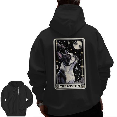 Boston Terrier Tarot Card Star With The Moon Men Women Kids Men Zip Up Hoodie Back Print - Bostonterriersmerch.com