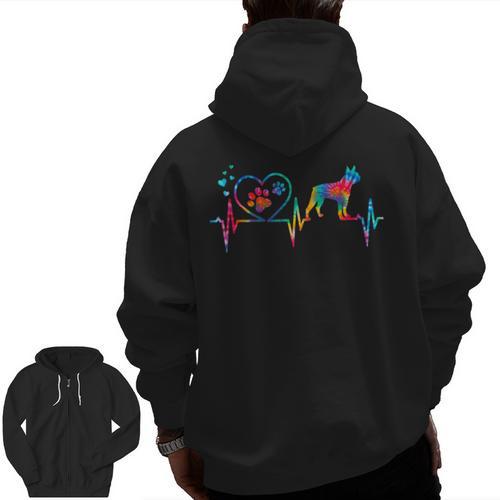 Boston Terrier Tie Dye Heartbeat Love Dog Men Women Men Zip Up Hoodie Back Print - Bostonterriersmerch.com