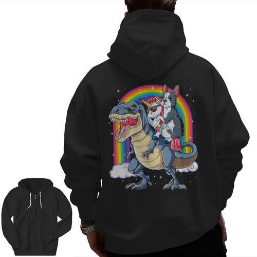 Boston Terrier Unicorn Riding Dinosaur T-Rex Girls Rainbow Men Zip Up Hoodie Back Print - Bostonterriersmerch.com
