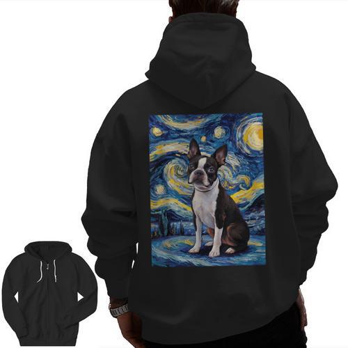 Boston Terrier Van Gogh Starry Night Men Zip Up Hoodie Back Print - Bostonterriersmerch.com
