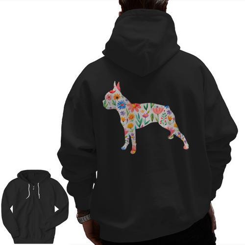 Boston Terrier Watercolor Flowers Men Zip Up Hoodie Back Print - Bostonterriersmerch.com