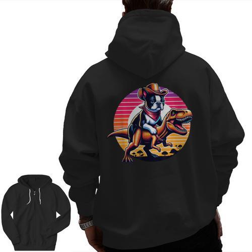 Boston Terrier Wearing A Cowboy Hat On T-Rex Men Zip Up Hoodie Back Print - Bostonterriersmerch.com