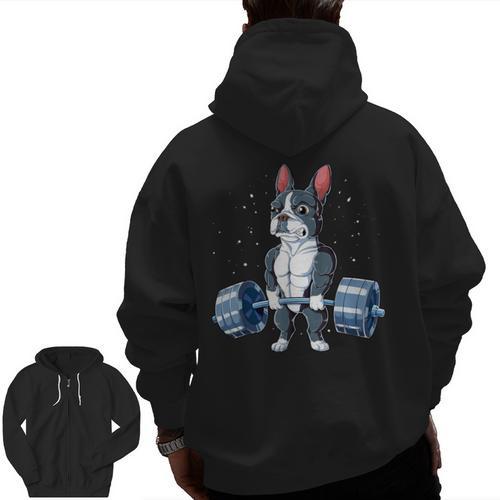 Boston Terrier Weightlifting Deadlift Men Fitness Gym Men Zip Up Hoodie Back Print - Bostonterriersmerch.com