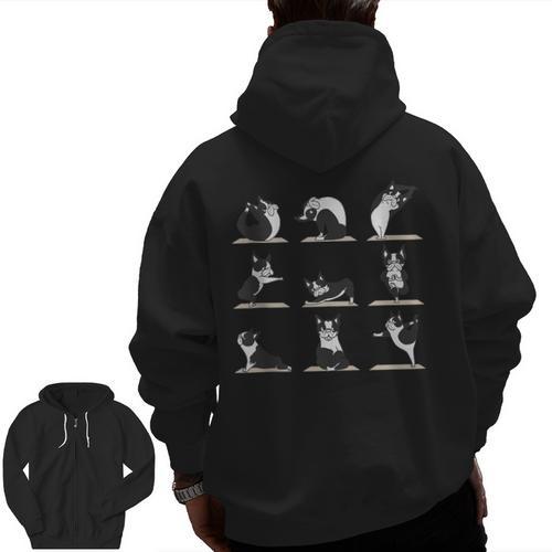 Boston Terriers Yoga Men Zip Up Hoodie Back Print - Bostonterriersmerch.com