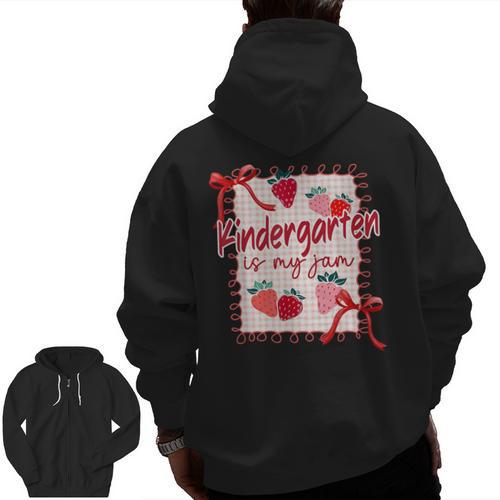 Bow Strawberry Kindergarten Is My Jam Teacher Kinder Team Men Zip Up Hoodie Back Print - teacherstshirts.com AU