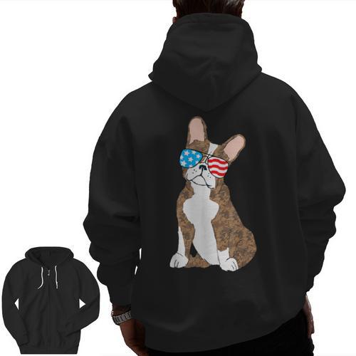 Brindle Boston Terrier Dog Patriotic Shirt USA Flag Men Zip Up Hoodie Back Print - Bostonterriersmerch.com