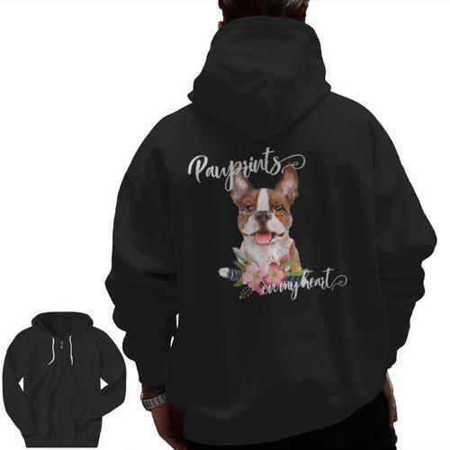 Brown Boston Terrier With Flowers And Feathers Men Zip Up Hoodie Back Print - Bostonterriersmerch.com CA
