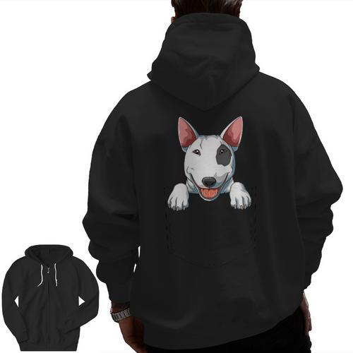 Bull Terrier Pocket Bull Terrier Peeking Out Pocket Men Zip Up Hoodie Back Print - Bostonterriersmerch.com