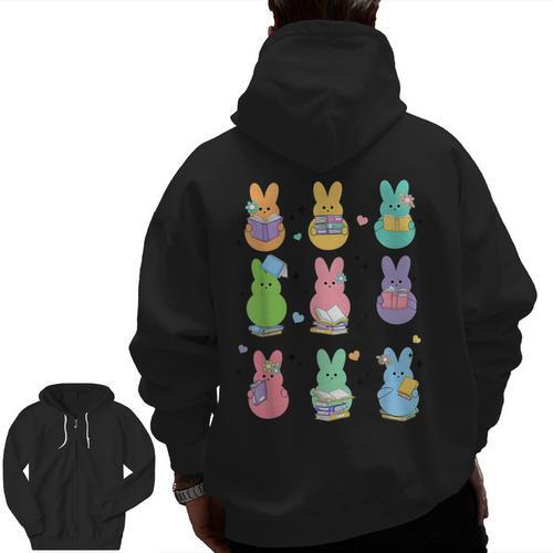 Bunny Reading Books Easter Day Librarian Teacher Book Men Zip Up Hoodie Back Print - teacherstshirts.com AU