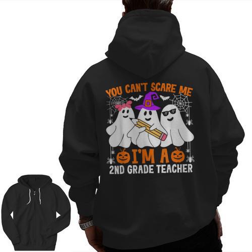 You Can't Scare Me I'm A 2nd Grade Teacher Halloween Men Zip Up Hoodie Back Print - teacherstshirts.com