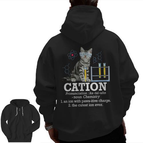 Cation Chemistry Humor Science Teacher Cat Pun Men Zip Up Hoodie Back Print - teacherstshirts.com AU