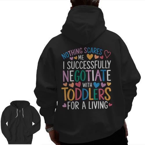 Childcare Teacher Negotiate With Toddlers Daycare Provider Men Zip Up Hoodie Back Print - teacherstshirts.com AU