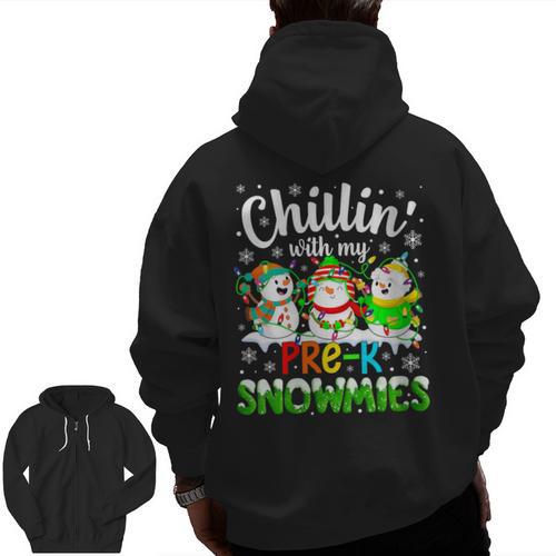 Chillin With My Pre-K Snowmies Christmas Teacher Xmas Men Zip Up Hoodie Back Print - teacherstshirts.com