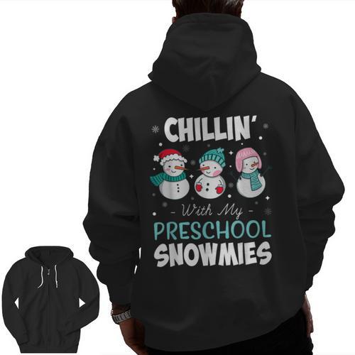 Chillin' With My Preschool Snowmies Teacher Christmas Men Women Kids Men Zip Up Hoodie Back Print - teacherstshirts.com