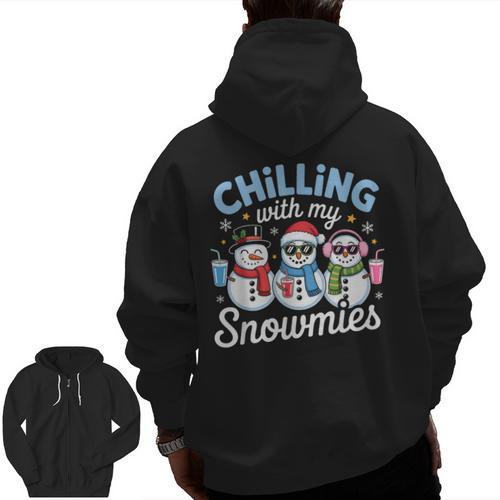 Chillin With My Snowmie Women Christmas Snowman Teacher Snow Men Zip Up Hoodie Back Print - teacherstshirts.com UK