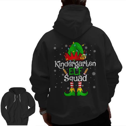 Christmas Kindergarten Elf Squad Teacher Student Men Zip Up Hoodie Back Print - teacherstshirts.com UK