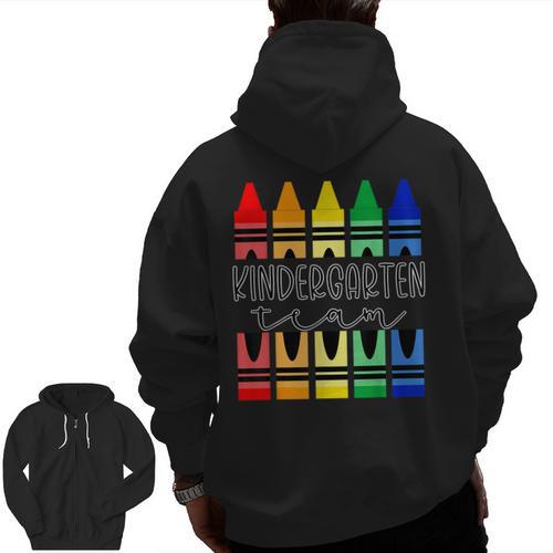 Colorful Crayon Kindergarten Team Tee For Teachers Students Men Women Kids Men Zip Up Hoodie Back Print - teacherstshirts.com