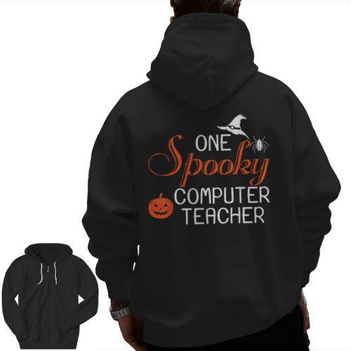 Computer Teacher Halloween Spooky Men Women Kids Men Zip Up Hoodie Back Print - teacherstshirts.com