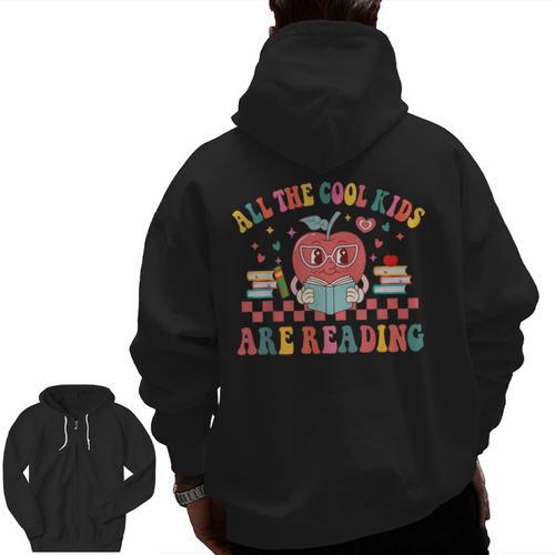 All The Cool Kids Are Reading Book Reading Teacher School Men Zip Up Hoodie Back Print - teacherstshirts.com UK