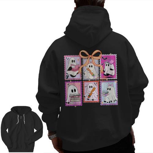 Coquette Bow Spooky Teacher Ghost Halloween Trick Or Teach Men Zip Up Hoodie Back Print - teacherstshirts.com DE