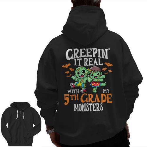 Creepin It Real Monster School 5th Grade Teacher Halloween Men Zip Up Hoodie Back Print - teacherstshirts.com UK