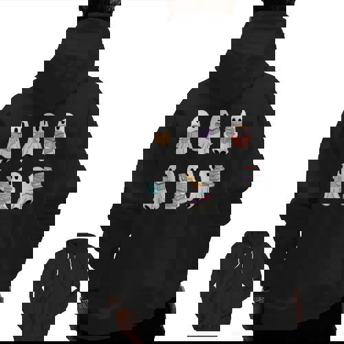 Cute Boo Ghost Reading Books Halloween Librarian Teacher Kid Men Zip Up Hoodie Back Print - teacherstshirts.com