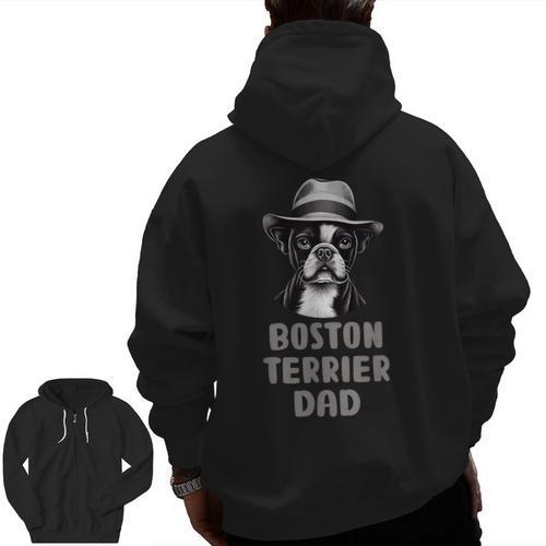 Cute Boston Terrier Dad Dog Lovers Puppy Bostie Owner Men Zip Up Hoodie Back Print - Bostonterriersmerch.com