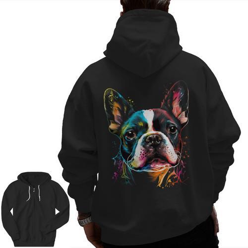 Cute Boston Terrier Puppy Dog Art Lover Unique Painting For Men Women Kids Men Zip Up Hoodie Back Print - Bostonterriersmerch.com CA
