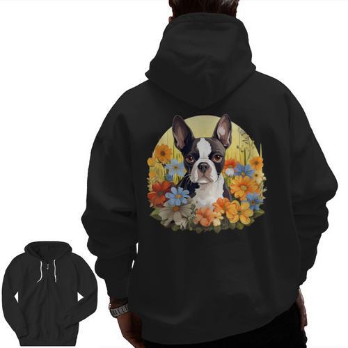 Cute Boston Terrier Spring Flower Garden Colorful Puppy Dog Men Zip Up Hoodie Back Print - Bostonterriersmerch.com