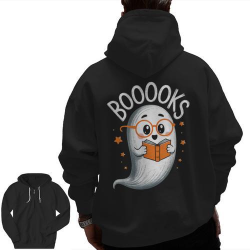 Cute Ghost Book Reading Halloween Teacher Men Zip Up Hoodie Back Print - teacherstshirts.com CA