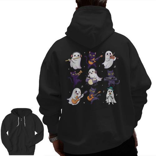 Cute Ghost Cat Playing Musical Halloween Music Teacher Men Zip Up Hoodie Back Print - teacherstshirts.com