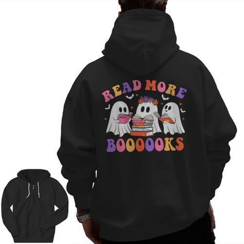 Cute Ghost Read More Books Lover Teacher Halloween Costume Men Zip Up Hoodie Back Print - teacherstshirts.com