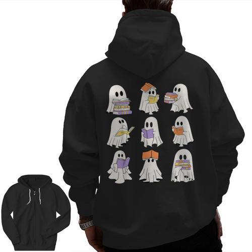Cute Ghost Reading Books Teacher Halloween Reading Men Women Kids Men Zip Up Hoodie Back Print - teacherstshirts.com CA