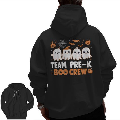 Cute Ghosts Pre-K Boo Crew Teachers Halloween Party Team For Men Women Kids Men Zip Up Hoodie Back Print - teacherstshirts.com DE