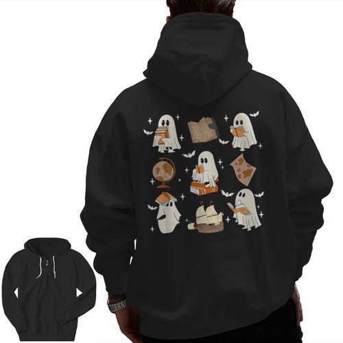 Cute Ghosts Reading Book Bookworm Halloween History Teacher Men Zip Up Hoodie Back Print - teacherstshirts.com