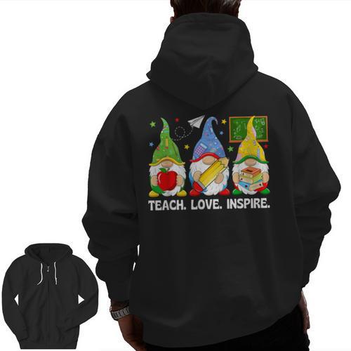 Cute Gnomes Teach Love And Inspire Back To School Teacher Men Zip Up Hoodie Back Print - teacherstshirts.com CA