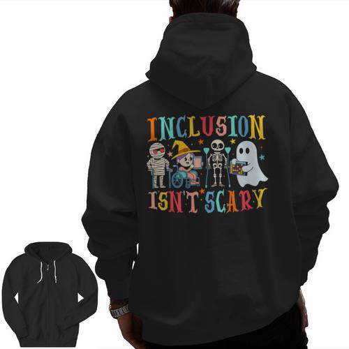 Cute Inclusion Isn't Scary Teacher Skeleton Ghost Halloween Men Zip Up Hoodie Back Print - teacherstshirts.com AU