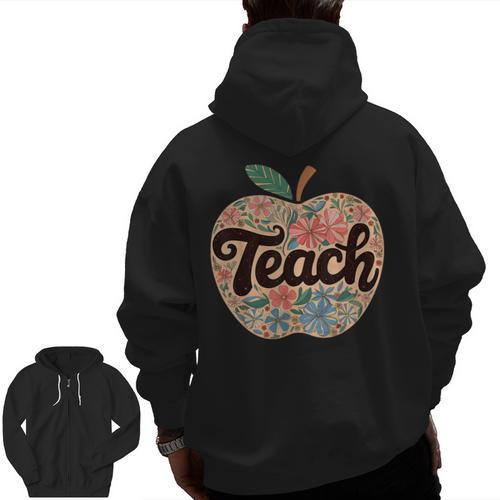 Cute Teacher With Apple Retro Teacher Kids Back To School Men Zip Up Hoodie Back Print - teacherstshirts.com