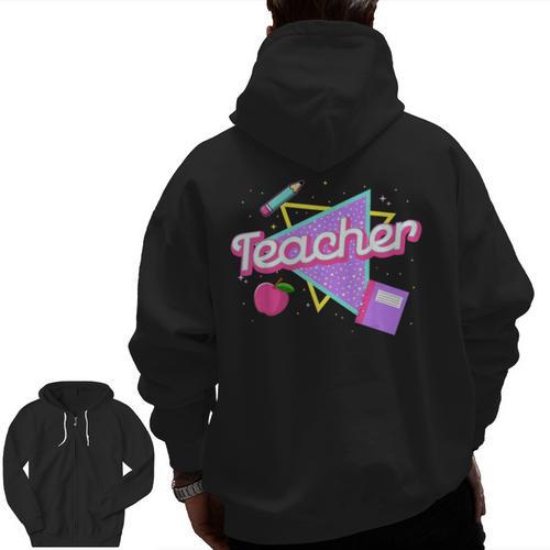 Cute Teacher Shirt 80's 90's Style Retro Old School Teacher For Men Women Men Zip Up Hoodie Back Print - teacherstshirts.com