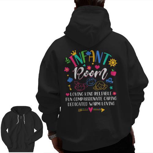 Daycare Provider Loving Kind Reliable Infant Room Teacher Men Zip Up Hoodie Back Print - teacherstshirts.com AU