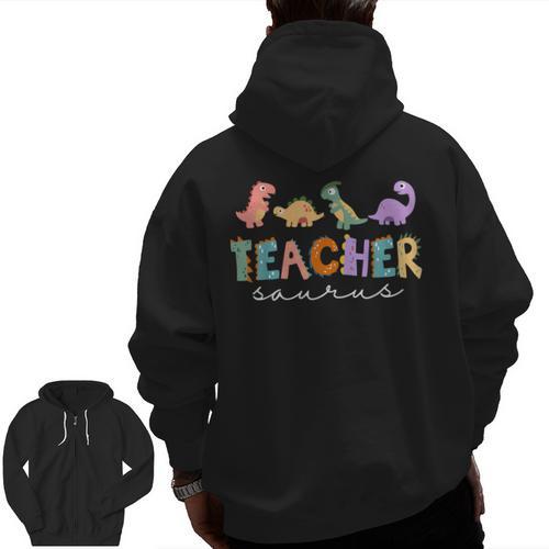 Dinosaur Teacher Teachersaurus Rex Dino Men Zip Up Hoodie Back Print - teacherstshirts.com