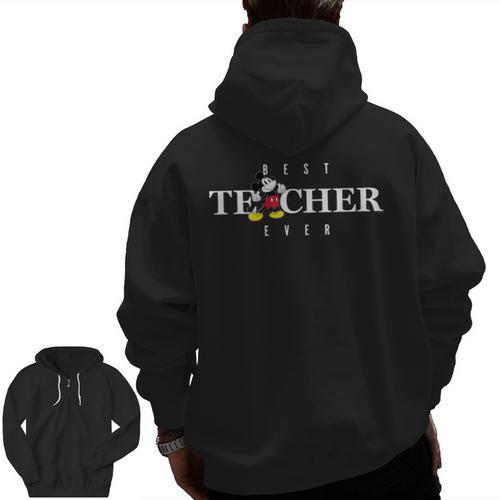 Disney Mickey Mouse Thumbs Up Best Teacher Ever Teacher Men Zip Up Hoodie Back Print - teacherstshirts.com UK