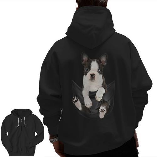 Dog Lovers Boston Terrier In Pocket Dog Face For Men Women Kids Men Zip Up Hoodie Back Print - Bostonterriersmerch.com CA