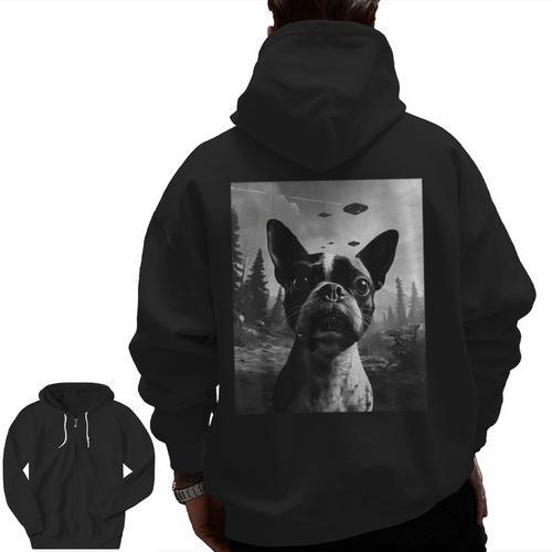 Dog Mom Dad Alien Selfie Boston Terrier UFO For Men Women Men Zip Up Hoodie Back Print - Bostonterriersmerch.com